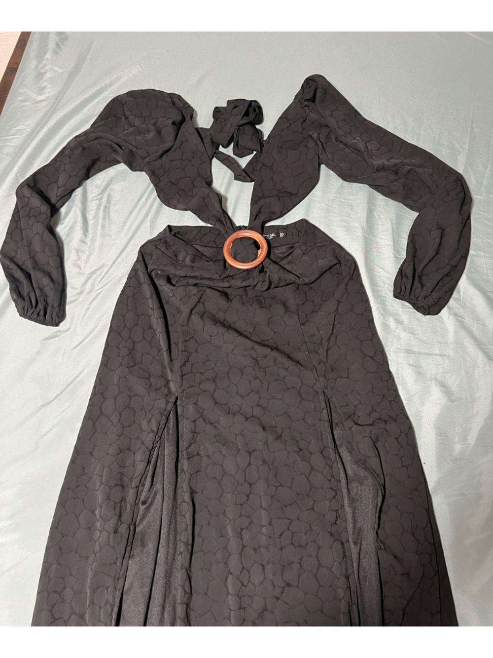 Nasty Gal Black Textured Long-Sleeve Tie-Back Dress with Wooden Ring/Thigh Slits